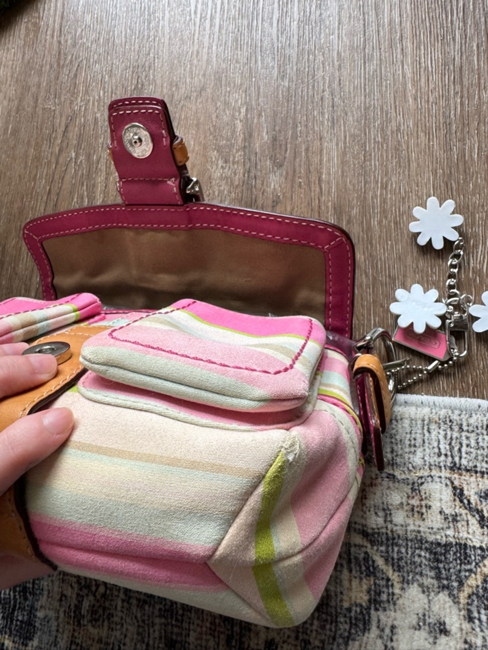 Vintage Coach Striped Pastel Shoulder Bag with Pink Trim and Tan Buckle - Picture 15 of 17
